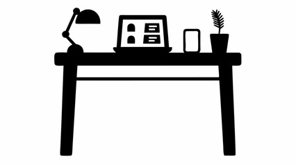 Fototapete - Black silhouette of a desk with a laptop, lamp, phone, and plant, all in a simple, minimalist style