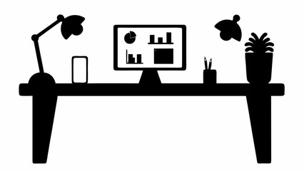 Fototapete - A desk with a computer showing charts, a lamp, a phone, a pen holder, and a plant in black silhouette