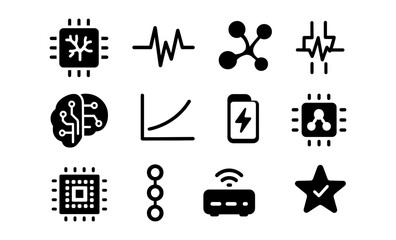 Poster - Minimalist technology icons set: circuit, data, charging, network, signal