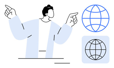 Poster - Person with outstretched arms points at line-drawn globe icons, suggesting global connection, communication, exploration, networking, technology, digital growth, and worldwide outreach. Simple flat
