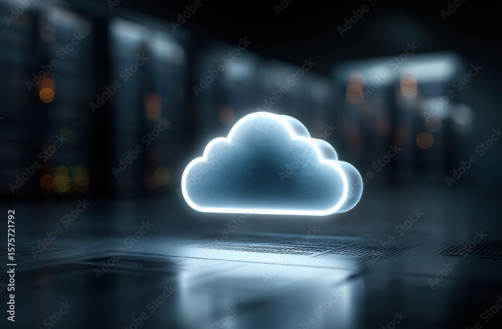 Glowing Cloud Symbol in Data Center, Representing Cloud Computing and ...