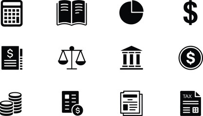 Poster - Black and White Financial Icons Calculator Book Pie Chart Dollar Sign Scales