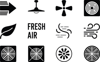 Poster - Black and White Air Icons with Arrow Leaf Fan and Fresh Air Text