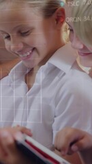 Poster - Animation of data processing over diverse schoolchildren and teacher using tablets in classroom