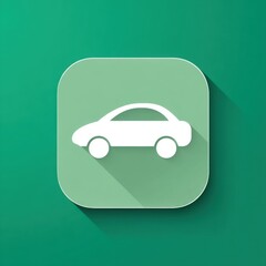 Aufkleber - White car icon centered in a rounded semi-transparent green button with long shadow, gradient green background transitioning from light to dark, 3D effect.