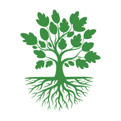 Aufkleber - Green Tree with Roots Illustration on White Background for Environmental and Ecological Designs and Natural Product Concepts and Branding