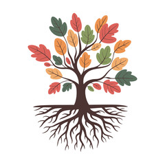 Poster - Stylized Autumn Tree with Colorful Leaves and Roots on White Background Flat Vector Illustration Nature Concept Season Change Fall Colors Isolated