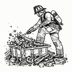 Fototapete - A American Firefighter removing debris rubble. Career Job Profession Occupation Employment Work Clipart Line Art Vector Illustration. Usa rescuer clearing wreckage after disaster demolition.