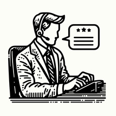 Poster - A American Rep typing customer complaint. Career Job Profession Occupation Employment Work Clipart Line Art Vector Illustration. United states agent inputting client issue via keyboard.