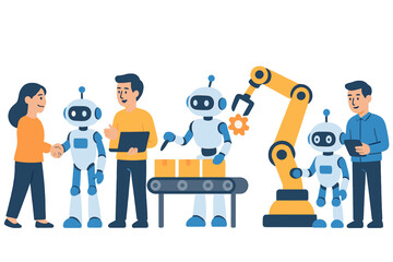 Poster - Humans and robots collaborate in a modern workspace showcasing teamwork and technology integration
