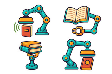 Poster - Innovative robotic arms assisting in book management and reading at a futuristic library