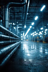 Poster - Illuminated pipes in a modern industrial plant with a wet reflective floor