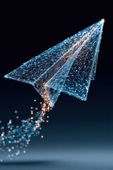 Poster - Digital airplane made of blue glowing network particles on dark background