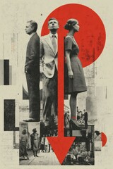 Poster - Abstract collage with figures and a downward arrow symbolizing direction and movement