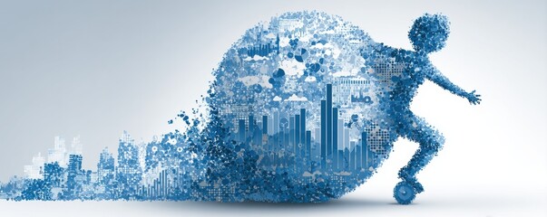 Poster - Abstract artwork of a futuristic figure with a data and cityscape theme