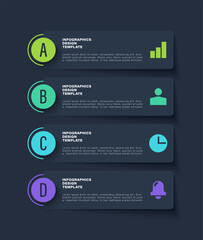 Aufkleber - Neumorphism dark vertical infographic template. Four steps or options with icons and text