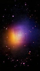 Poster - A colorful galaxy with a purple and orange light shining through a window. The light is surrounded by a grid of stars