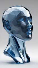 Poster - A blue head with a face carved out of it. The head is made of glass and has a very modern and futuristic look to it