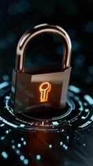 Poster - A key is shown on a blue background with a glowing circle around it. Concept of security and protection, as the key is often associated with locking and unlocking doors or safes