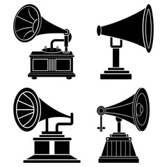 Poster - Four vintage gramophones in black silhouette with different designs and stands on a white background