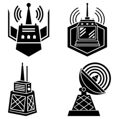 Poster - Illustration showing four different communication towers and satellite dishes in black and white style