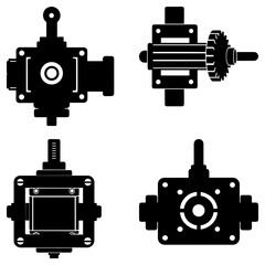 Poster - Four black and white mechanical diagrams showing gears and box like structures in different orientations