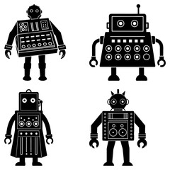 Poster - Illustration of four black and white retro robots with various designs and details in a grid arrangement