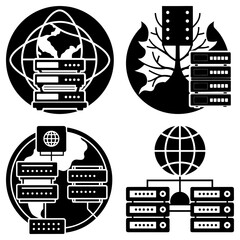 Fototapete - A collection of four black and white network server icons with globe and tree elements depicted in circles