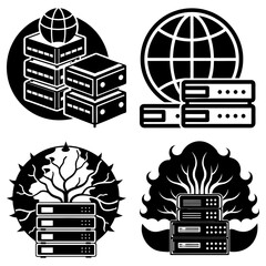 Poster - Four server icons with globes and trees in black and white representing data storage and networking tech