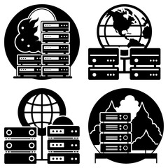 Poster - Illustration showing four server stacks with different backgrounds including globe, cloud, and mountain scene