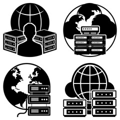 Poster - Four black and white server and globe icons representing global network and data storage solutions concept