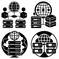 Poster - Black and white illustrations depicting networked servers and global connections in various arrangements