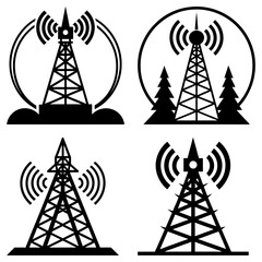 Poster - Four communication tower symbols with signal waves in black and white vector illustration set for design use