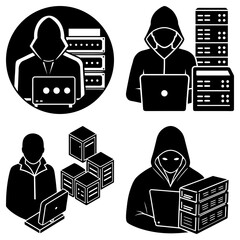 Poster - Four depictions of hackers with laptops and servers in black and white vector illustrations
