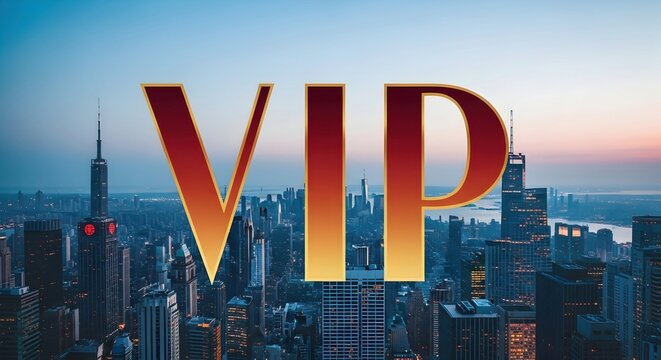 Large red and gold VIP letters over a city skyline at dusk. Exclusive access concept for business and luxury events.