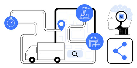 Poster - Delivery truck on mapped route with AI technology, factories, warehouse, stopwatch, and connectivity. Ideal for AI logistics, transportation, supply chain, automation delivery management