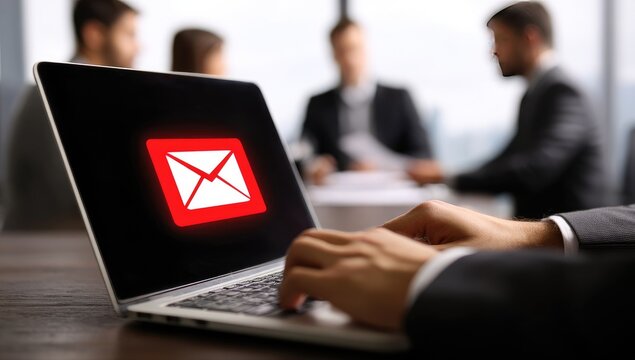 Laptop displaying email icon, hands typing.  Business meeting blurred background
