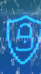 Poster - Animation of numbers, connections, digital padlock and light on blue background