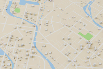 Poster - 3D rendering city map illustration of a city map created using 3D modeling. Top view of Urban map with main road and sub road detailed representation of a city