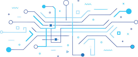 Fototapete - Vector art of abstract blue and white digital circuit board with geometric shapes and lines.