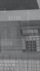 Poster - Animation of data processing and changing numbers over office equipment on wooden surface