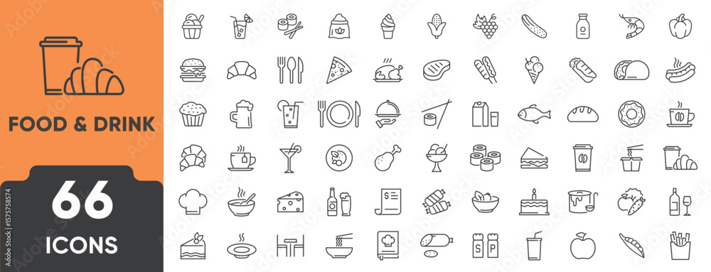 Food and Drink Line Icon Set. Set of 66 outline icons including meal ...