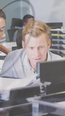 Poster - Animation of interface with data processing over three diverse colleagues discussing at office