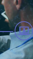 Poster - Animation of globe of connections with icons over businessman using tablet