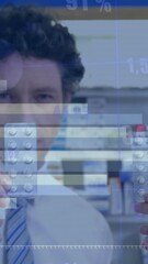 Poster - Animation of financial data processing over caucasian male and female pharmacist