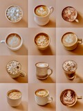 Assorted Coffee Drinks with Varied Layers and Toppings on Display