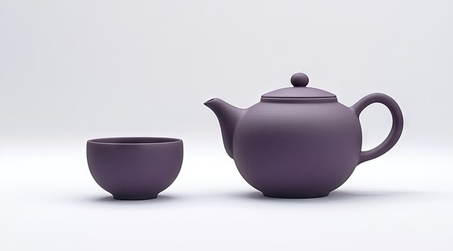 Purple tea set on white background