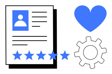 Poster - Profile document with a user image, five-star rating, blue heart symbol, and gear icon representing feedback, performance, user experience, teamwork, evaluation and productivity. Ideal for HR tools