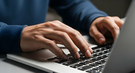 close-up of hands typing on laptop in a dark workspace. concept of work focus, remote job, or progra
