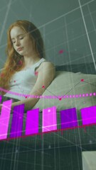 Poster - Animation of falling graphs and arrow over caucasian woman drinking coffee and working on laptop